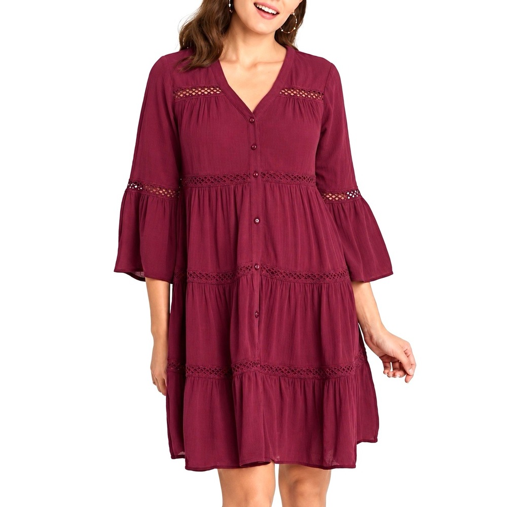 Knox Rose Button Front Knee Length Dress Boho Burgundy Red SZ XL